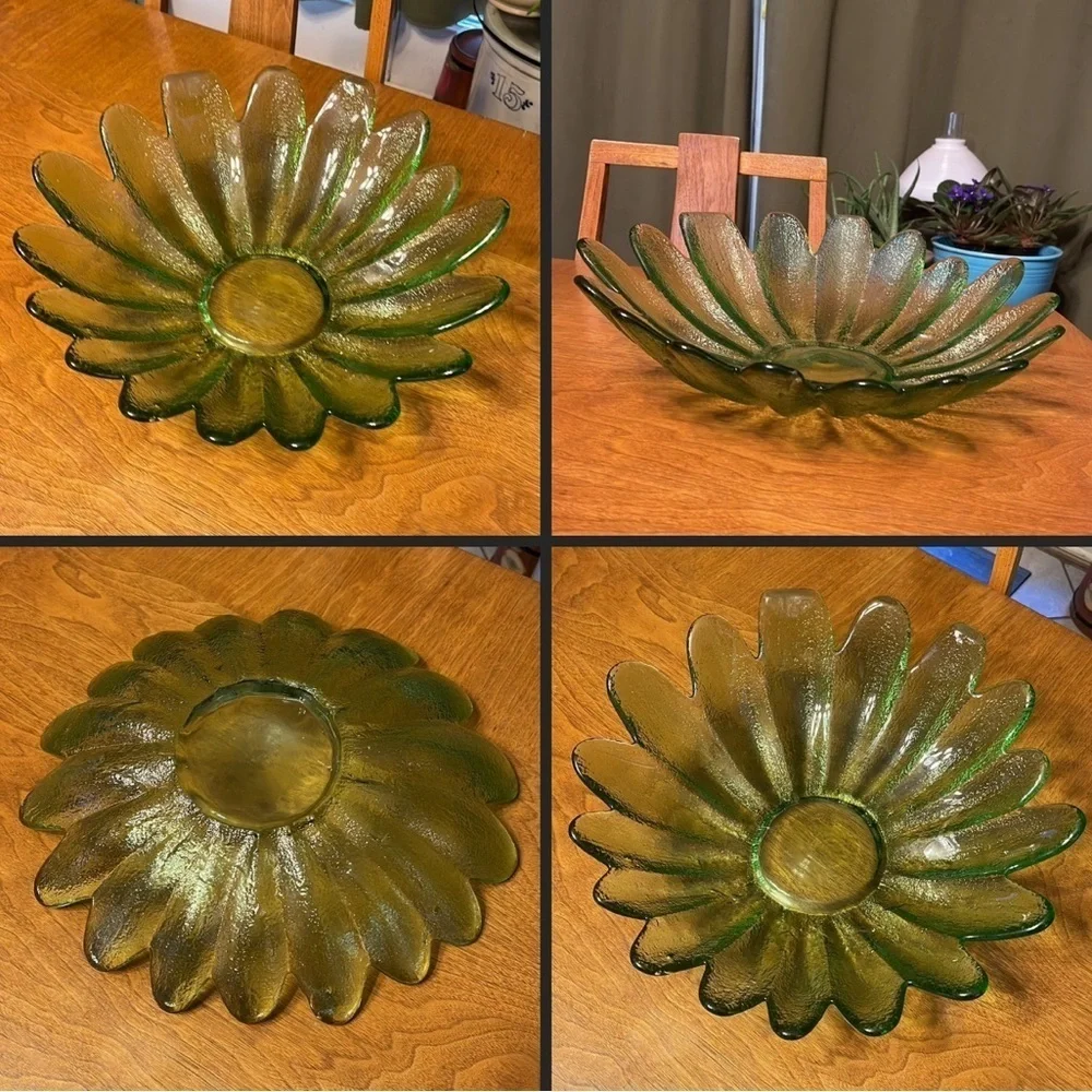 Vintage Blown Glass Daisy Bowl Green Glass Decorative Bowl Oversized Daisy Bowl